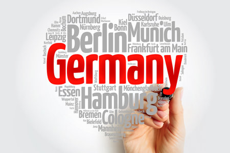 List of cities and towns in Germany composed in love sign heart shape, word cloud collage, business and travel concept backgroundの写真素材