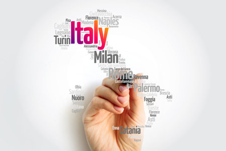 List of cities in Italy, map silhouette word cloud, travel concept backgroundの写真素材