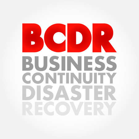 BCDR Business Continuity Disaster Recovery - minimize the effects of outages and disruptions on business operations, acronym text concept backgroundのイラスト素材