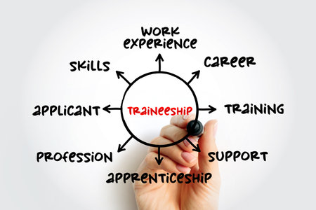 Traineeship - period when someone is trained in the skills needed for a particular job, mind map concept for presentations and reportsの写真素材