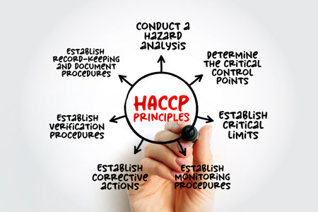 HACCP PRINCIPLES, identification, evaluation, and control of food safety hazards based on the following seven principles, mind map concept for presentations and reportsの写真素材
