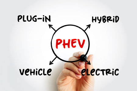 PHEV Plug-in Hybrid Electric Vehicle - hybrid electric vehicle whose battery pack can be recharged by plugging a charging cable into an external electric power source, acronym concept backgroundの写真素材