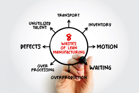8 Wastes of Lean Manufacturing, mind map concept for presentations and reports with marker