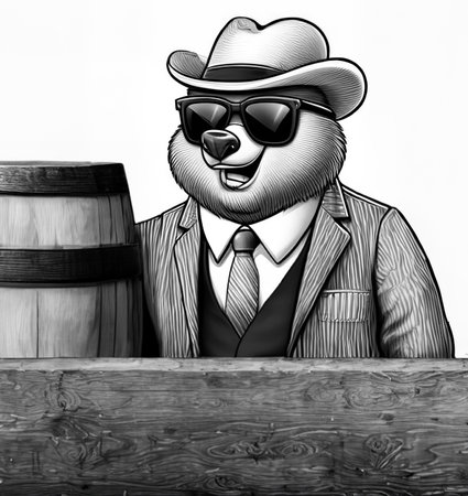 A cartoon bear in a hat and glasses stands at a wooden barrelの素材
