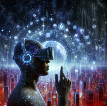 A man wearing virtual reality glasses interacts with the virtual world of the futureの素材