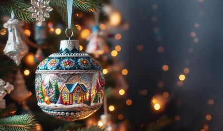 New Year's tree toy with a picture of a Christmas houseの素材