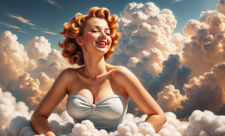 Red-haired cheerful curly girl in the clouds. Photo taken in pin-up styleの素材