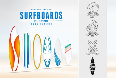 Sketch surfing illustration logo emblem with lettering. Modern realistic icon isolated set of images surfboard with color pattern. set for presentation, infographics, flyer, printing on T-shirtのイラスト素材