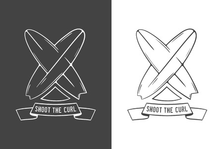 Surfing illustration and emblem with lettering. Stylized image of surf,  ribbon in vintage style. Illustration for print or T-shirt.のイラスト素材