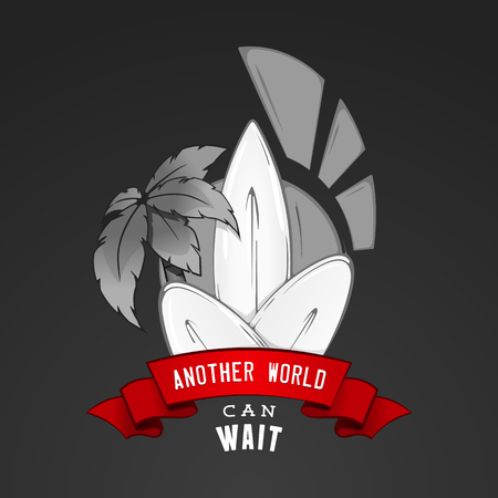 vector Surfing illustration or emblem with lettering. Stylized image of surfbord, palm and sun. Design element. Logo.のイラスト素材