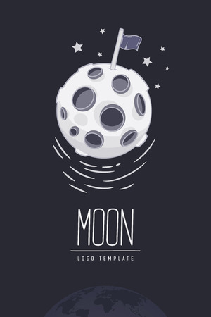 Cosmic thin line colored vector illustration or symbol with lettering. Concept: star in galaxy or lunar surface. Template logo. Flyer, poster.のイラスト素材