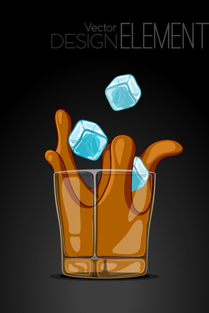 Glass of whiskey on abstract black background with flying ice cubes. Strict artsy style. Colored cartoon illustration. Template concept for the menu or invitation. Design elementのイラスト素材