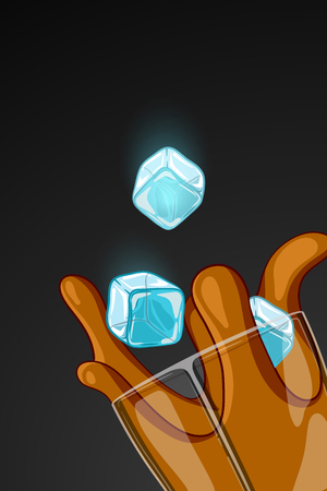 cartoon illustration drawn glass with alcohol drink with ice cubes falling and splash liquid.のイラスト素材