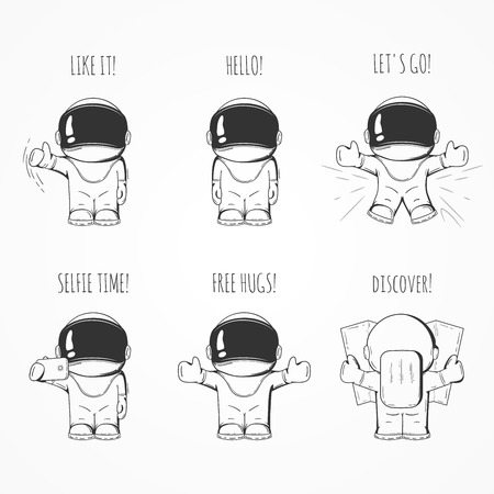 Set of cartoon astronaut in space suit. Line art cosmic illustrationのイラスト素材