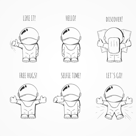 Set of  cartoon astronaut in space suit. Line art cosmic illustrationのイラスト素材