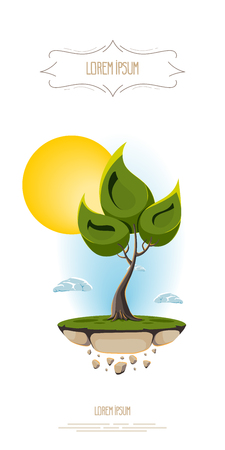 abstract illustration tree, flying island land on background sky and sun.のイラスト素材