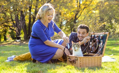 Pregnant happy and smiling couple on picnic with cat on sunny dayの写真素材