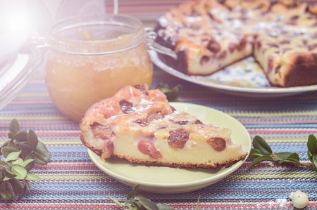 cherry pie on the colorful tablecloth with green twig. Sunlightの写真素材