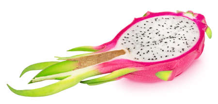 Halved dragon fruit isolated on white background.の写真素材