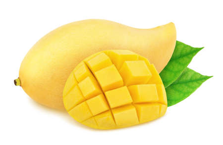 Composition with whole and curved thai mangoes with leaves isolated on white background.の写真素材