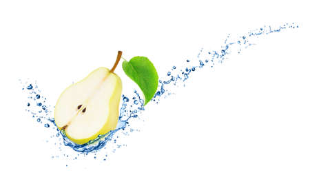 Half of pear with leaf in water splash with full depth of field isolated on white background. Composite image for package design.の写真素材