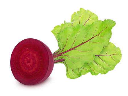 Half of fresh beet with leaves isolated on a white background.