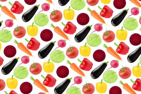 Multicolored endless pattern made with different vegetables isolated on white background.