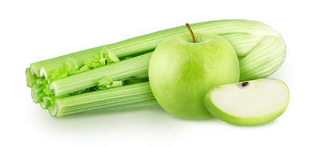 Composition with celery leaves and apple isolated on a white background.の写真素材