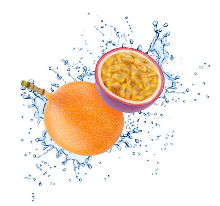 Composition with tropical fruits - granadella and passion fruit in water splashes isolated on white background.の写真素材