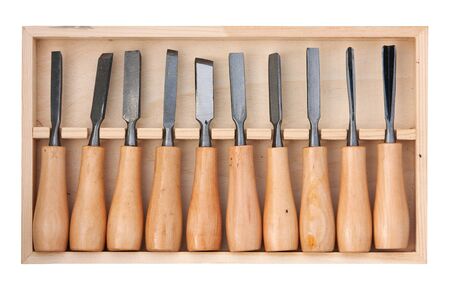 Chisel set in wooden box isolated over white