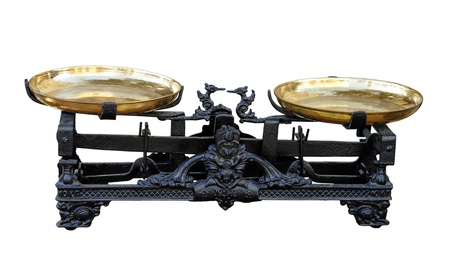 Vintage balance isolated on white with clipping pathの写真素材