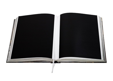 Opened high quality book with clear black printed pages and bookmark isolated on white with clipping pathの写真素材