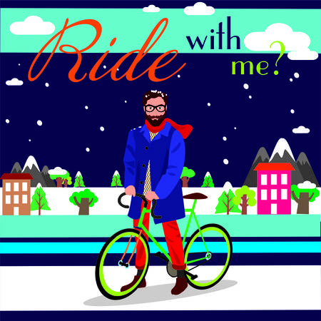 a man on a bicycle in the winterのイラスト素材