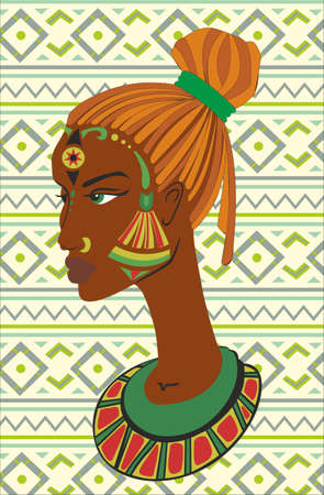 Hand drawn portrait of African American woman against African ornamentsの写真素材