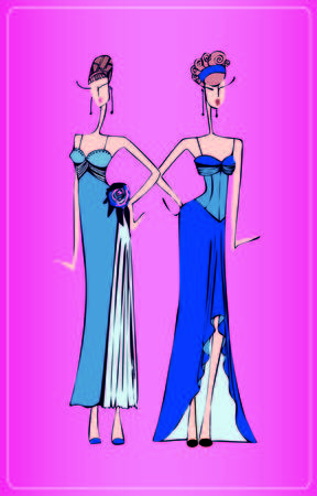Two models of dresses for special occasions , painted by hand. Can be used for sewing workshops and ateliers .のイラスト素材