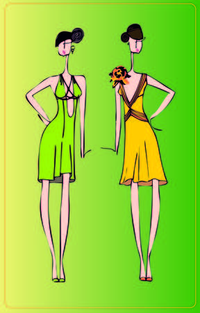 Two models of dresses for special occasions , painted by hand. Can be used for sewing workshops and ateliers .のイラスト素材