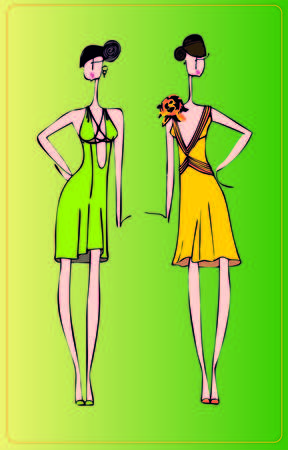 Two models of dresses for special occasions , painted by hand. Can be used for sewing workshops and ateliers .のイラスト素材