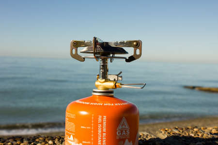 portable gas burner on the beach camping stoveの写真素材