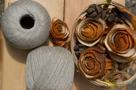 yarn for knitting in balls in the wood background