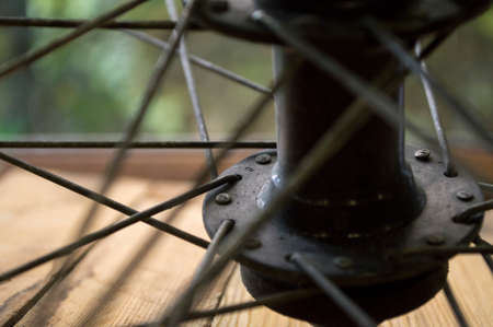 bicycle wheel with spokes in the repair shop