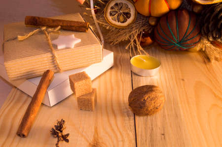 Christmas wreath on the door of handmade. Christmas decoration with pine cones , balls and ribbons.の写真素材