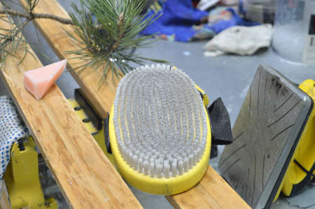 tools and parts for the repair of a sky in the workshopの写真素材