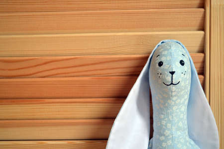 A stitched stuffed toy for babies on a wooden backgroundの写真素材