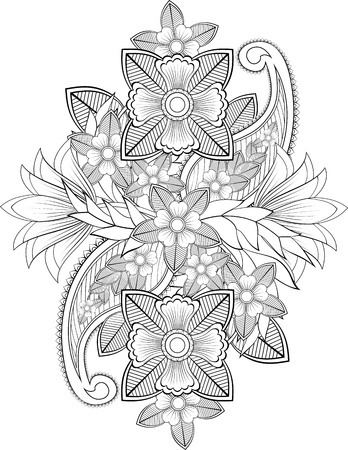 Black and white Indian flowers with paisleys picture for body-art and decorationのイラスト素材