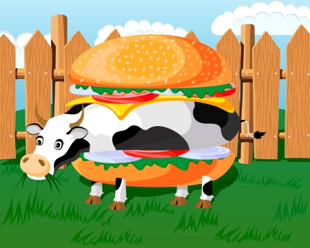 Conceptual illustration of hamburger, cow hamburger, fast-food parody  Picture has layers to easy editのイラスト素材