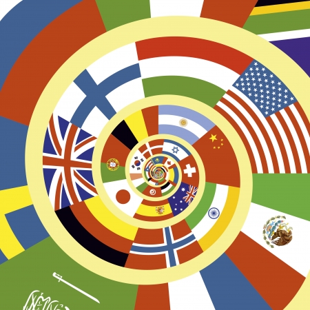 Twisted flags, the original chain of nation flags, no gradient only solid filling, coats of arms on flags are completely drawn  elaborate  のイラスト素材