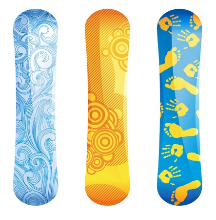 Set of three glossy snowboards, with original design, isolated on white. のイラスト素材