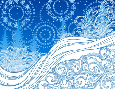 Night site on the winter forest. Intensive blizzard in forest, file is separated on layers. のイラスト素材