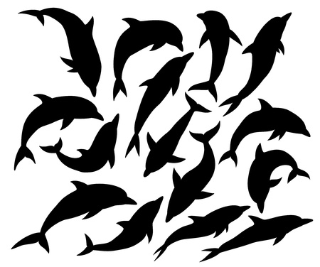 Set of dolphin silhouettes, isolated on whiteのイラスト素材