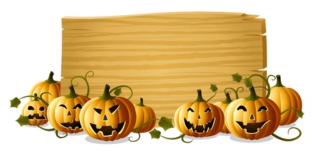 Jack-o-lanterns with wooden blank signのイラスト素材